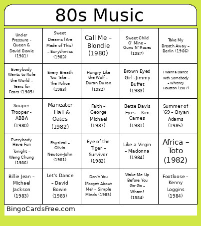 80s Music Bingo Card