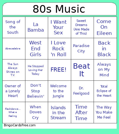 80s Music Bingo Card