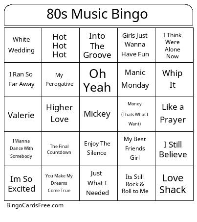 80s Music Bingo