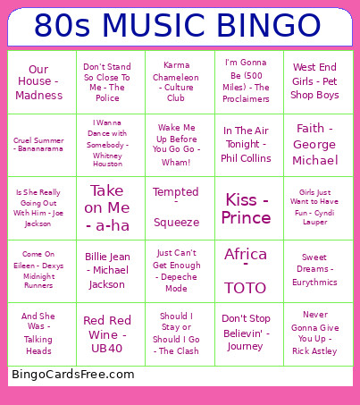 80s MUSIC Bingo Card