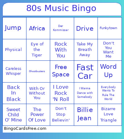 80s Music Bingo Card