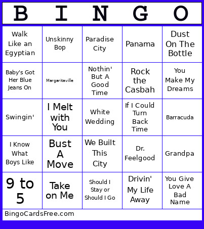 80s Music Bingo Card