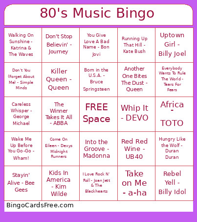 80's Music Bingo Card