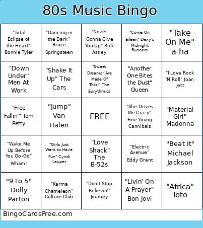 80s Music Bingo