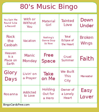 80's Music Bingo Card