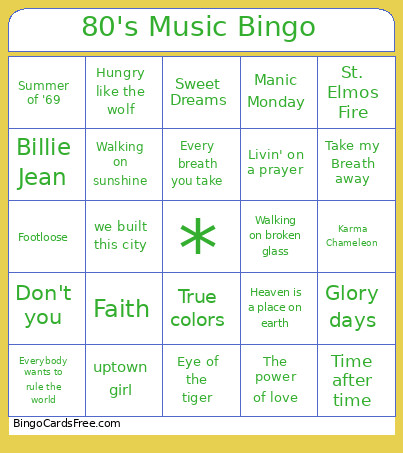 80's Music Bingo Card