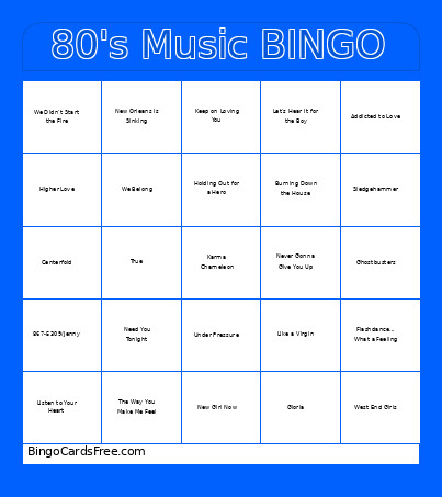 80's Music Bingo Card