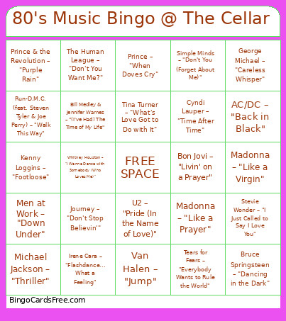 80's Music @ The Cellar Bingo Card