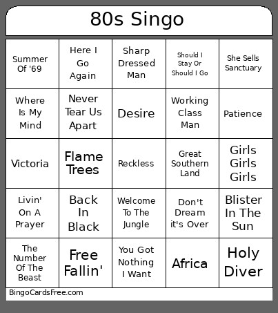 80s Music Singo Bingo Card