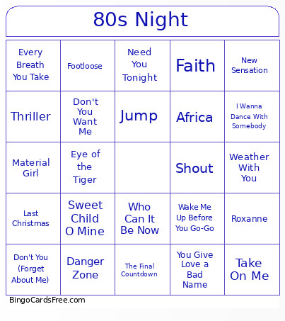 80s Night Bingo Card