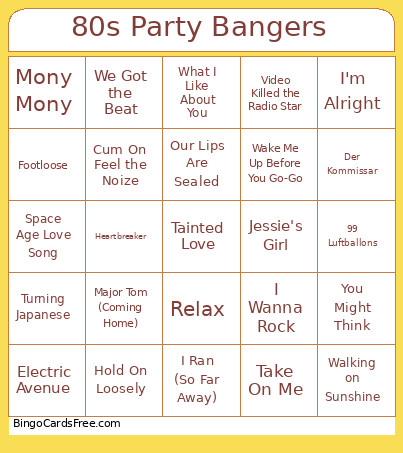 80s Party Bangers Bingo Card