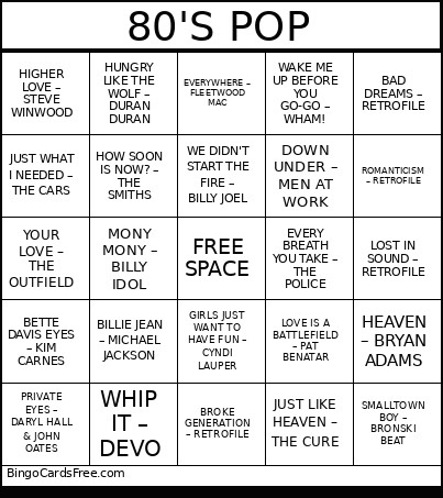 80'S POP Bingo Card