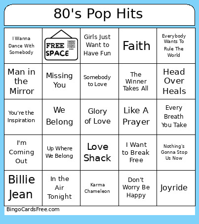 80's Pop Hits Bingo Card