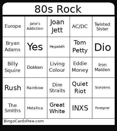80s Rock Bingo Card