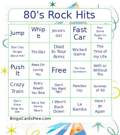 80's Rock Hits Bingo
