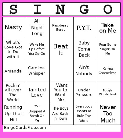 80s Singo Bingo Card