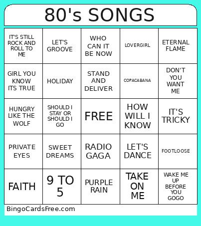 80's SONGS Bingo Card