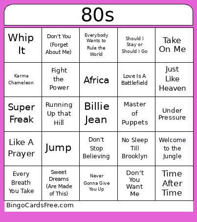80s Songs Bingo Card