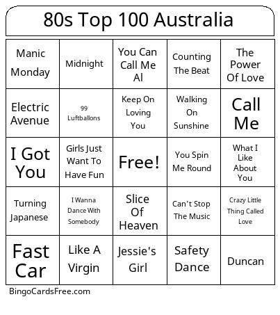 80s Top 100 Australia Bingo