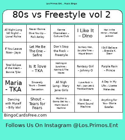 80s Vs Style Vol 2 Bingo Card