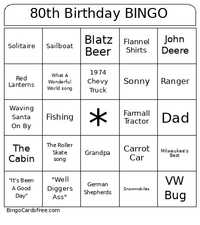 80th Birthday Bingo Card