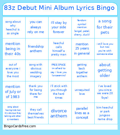83z Debut Mini Album Lyrics Bingo Card