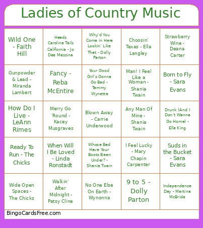 86. Ladies Of Country Music Bingo Card