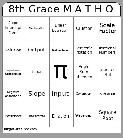 8th Grade M A T H O Bingo Card