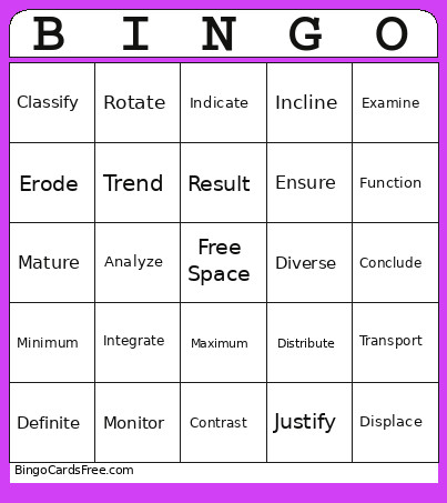 8th Grade Mortar Words Bingo Card