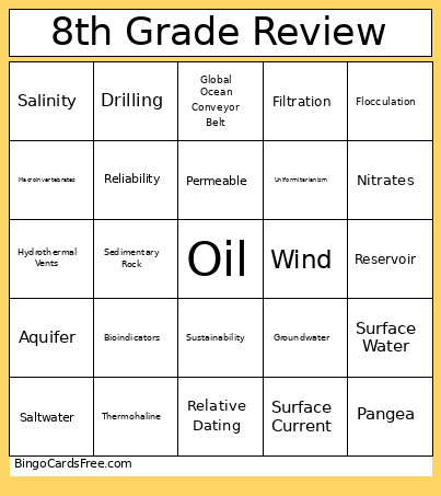 8th Grade Review Bingo Card