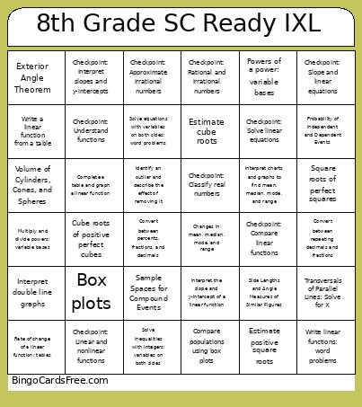 8th Grade SC Ready Review Bingo Card