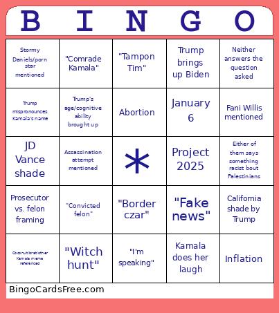 9/10 Presidential Debate Bingo Card