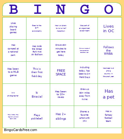9/26 Field Day Bingo Card