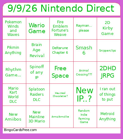 9/9/26 Nintendo Direct Bingo Card