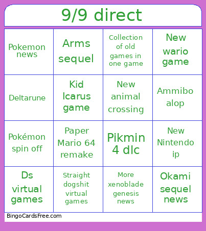 9/9 Direct Bingo Card