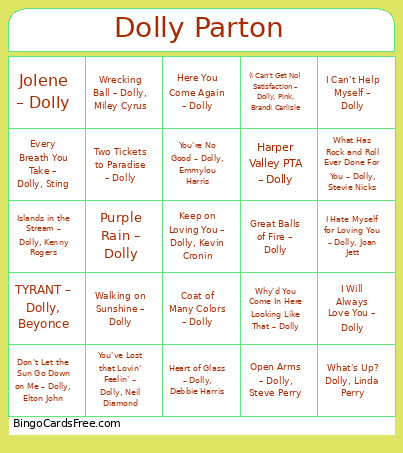 90. Dolly Parton Bingo Card