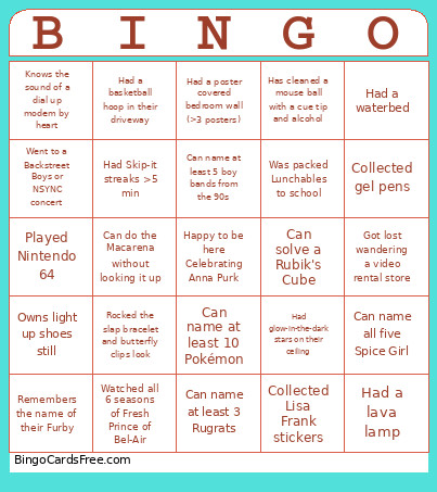 90’s -Throwback To The Raddest Decade Bingo Card