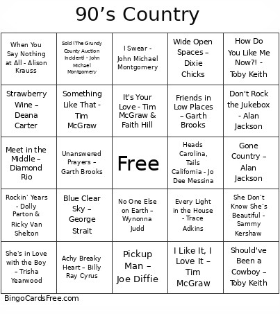 90’s Country Top Hits Bingo Card