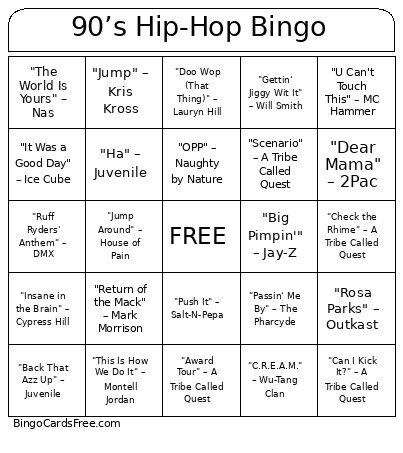 90’s Hip-Hop Bingo Card