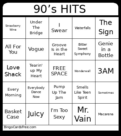 90’s HITS Bingo Card