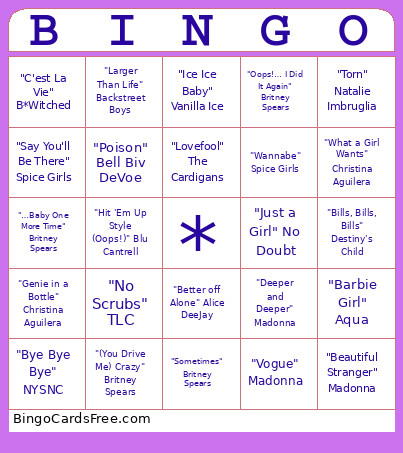 90’s Pop Bingo Card