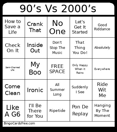 90’s Vs 2000’s Bingo Card