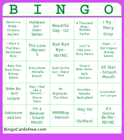 90's & 2000's Musical Bingo Card