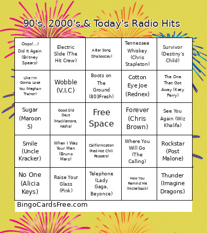 90's, 2000's & Today's Radio Hits Bingo Card