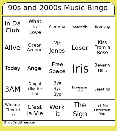 90s And 2000s Music Bingo Card