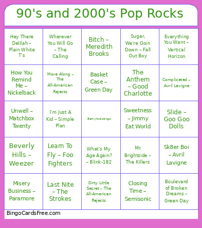 90's And 2000's Pop Rocks Bingo Card