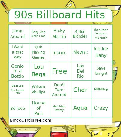 90s Billboard Hits Bingo