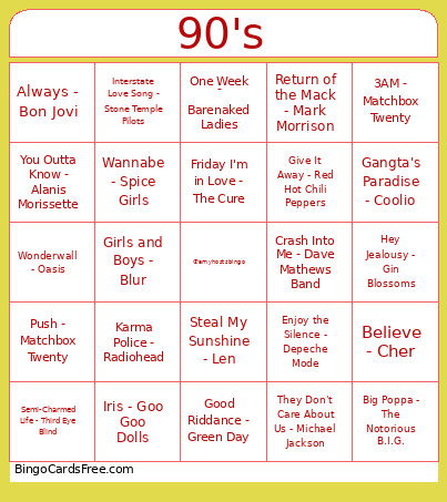 90's Bingo Card