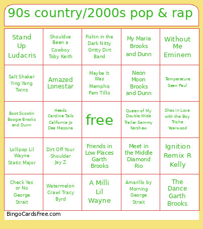 90s Country/2000s Pop & Rap Bingo Card