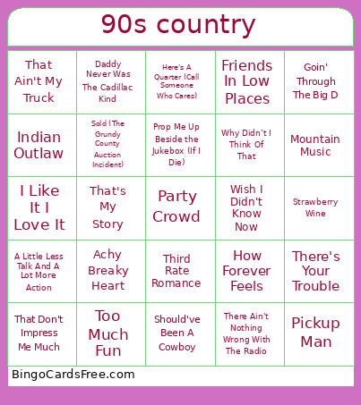 90s Country Bingo Card